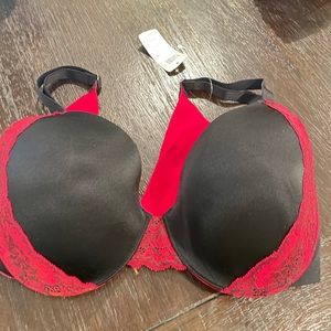 Soma Bra Vanishing Back Full Coverage Lace Trim Bra in Black & Red Sz 36C NWOT